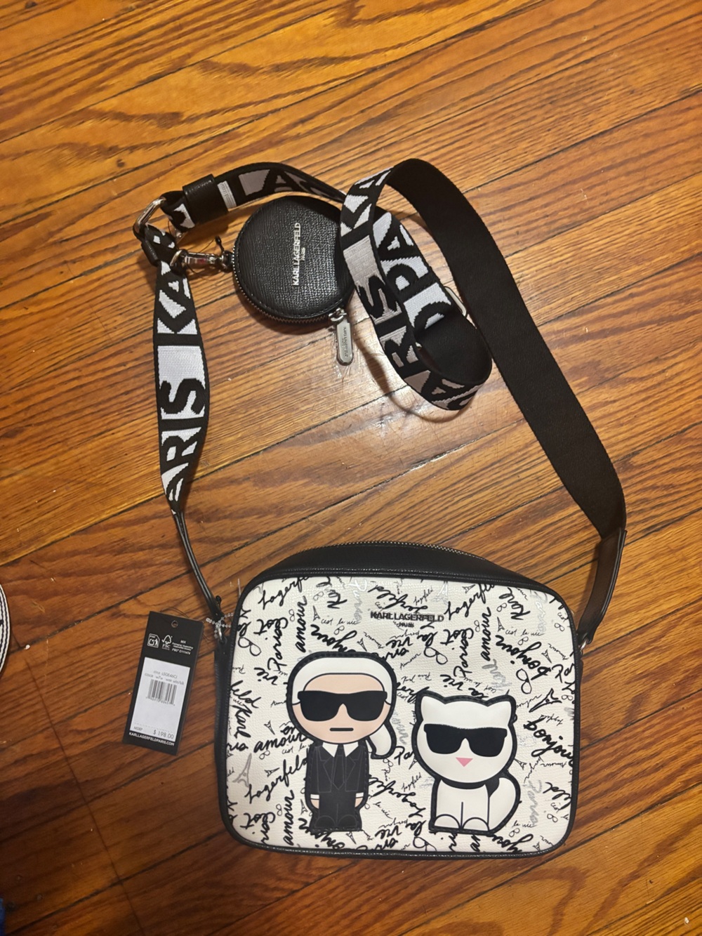 Karl Lagerfeld Black & White Iconic Crossbody Camera Bag with Branded Strap